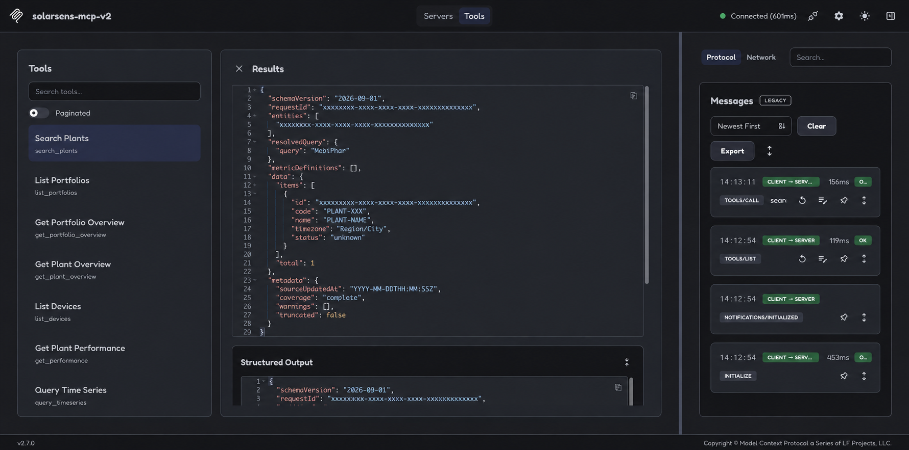 An anonymized MCP Inspector search showing a read-only result