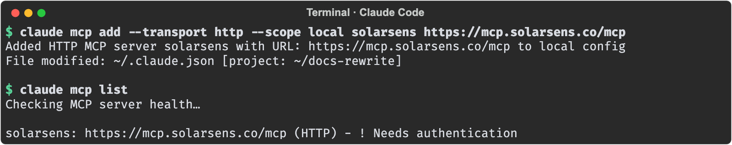 A terminal running the claude mcp add command for the SolarSENS server